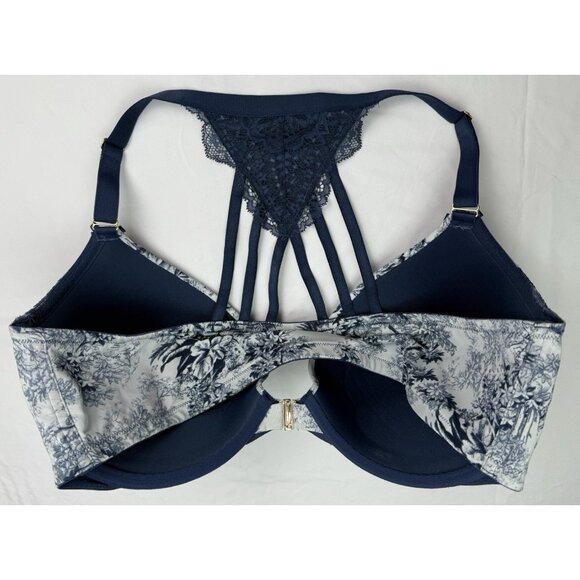 CACIQUE Boost Plunge Blue Floral Bra Front‎ Closure Underwire Lace Racerback 44D - Picture 5 of 13